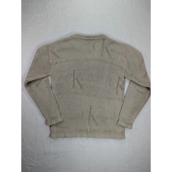 Cotton Crewneck Sweater Medium by Calvin Klein Jeans Khakis Embossed 90s/Y2K VTG - Picture 7 of 9